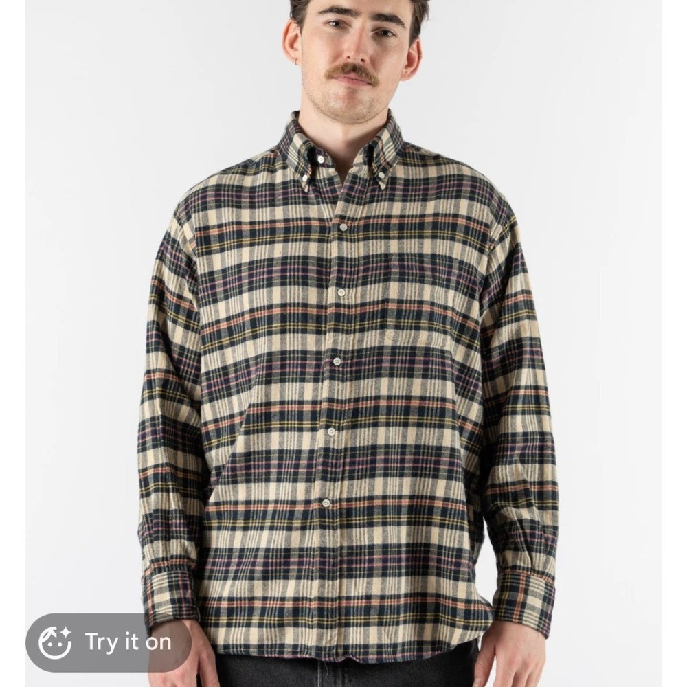 Beams Plus B.D. Indian Flannel Shirt Beige Plaid Mens Large Made in Japan